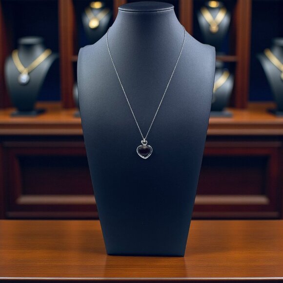 Vintage Sterling Silver Heart Garnet Pendant Necklace Coquette Romantic 925 - Picture 1 of 6